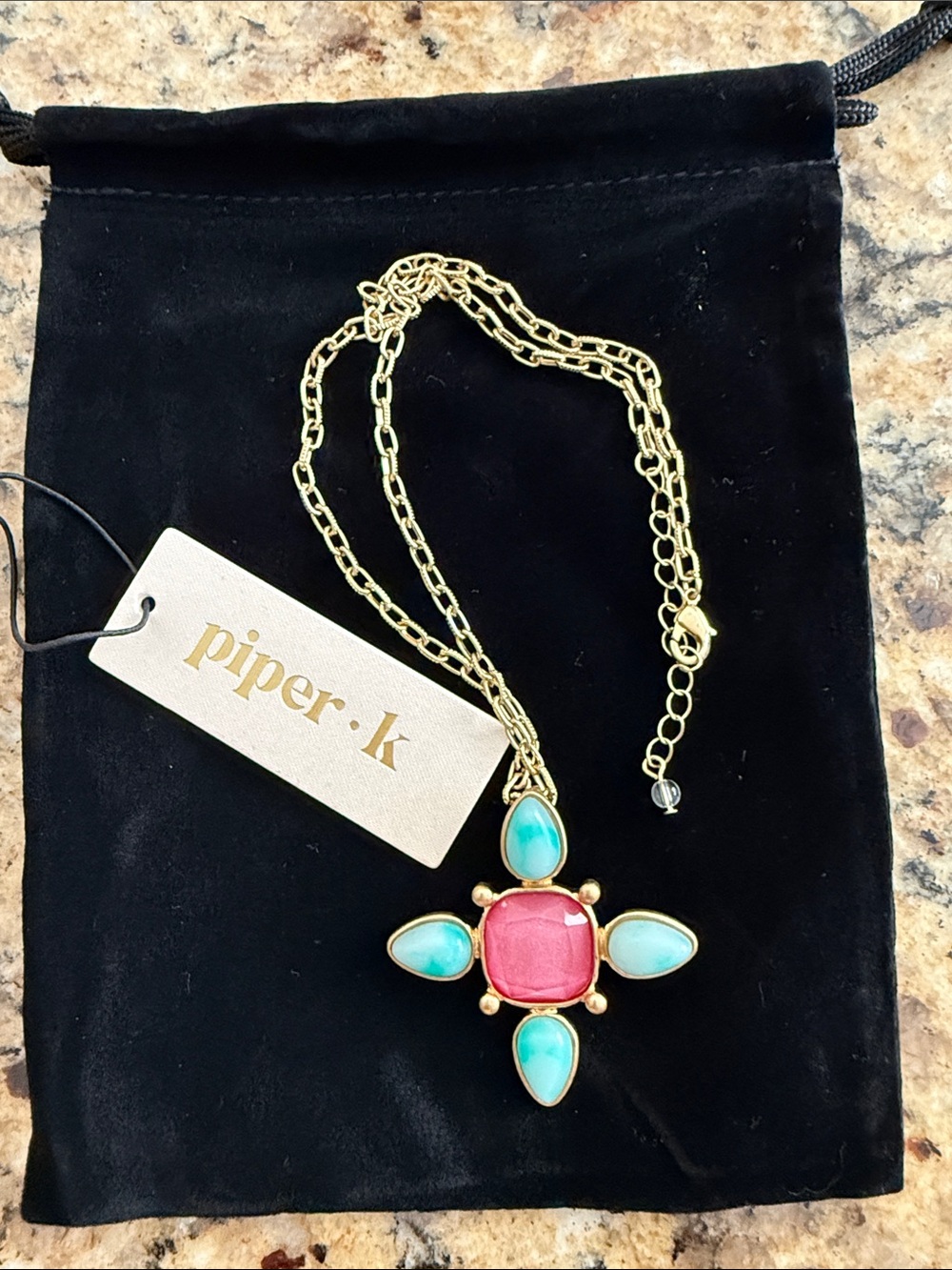Piper.k Gold Necklace with Pink Center & Turquoise Teardrop Cross